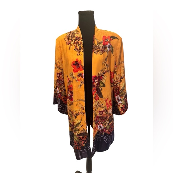 Reversible Floral Kimono Jacket Black & Yellow Baroque Boho Resort Cover Up M/L - Picture 9 of 9